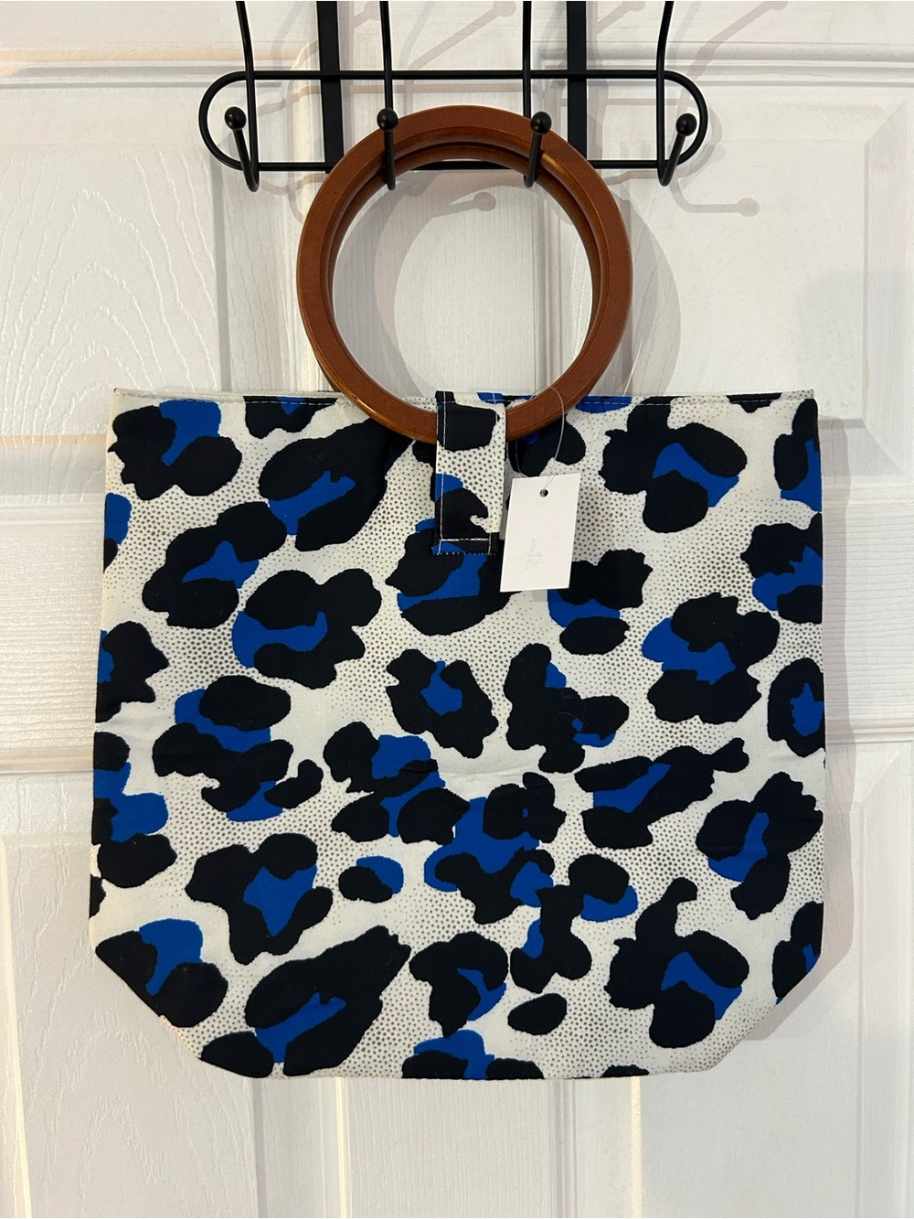 NWT- Canvas Tote Bag with Wooden Ring Handles - Blue/Black Leopard Print